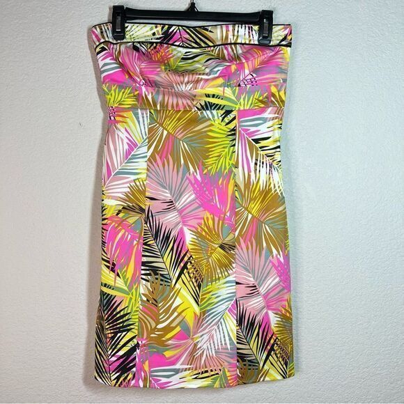 H&M Yellow‎ Pink Strapless Palm Leaf Tropical Cocktail Dress Womens Size 6 - Picture 2 of 9